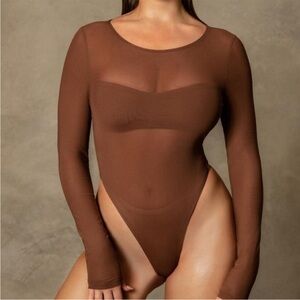 Meshki- Brown Sheer Long sleeve Bodysuit w/ bandeau lining- Size Large